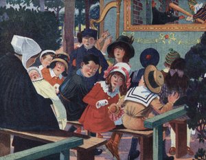 Puppet Show: Children in the Guignol Theatre Are Deranged by a Crying Baby. Illustration by Robert Salles (1871-1929) in 