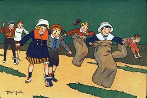 The bag race. Engraving in "What are we playing?" by E. Weber with watercolour drawings by Robert Salles. Librairie Garnier Freres, Paris