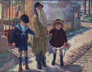 The stick of the blind: two children help a blind old man walk. Illustration by Robert Salles (1871-1929) in 