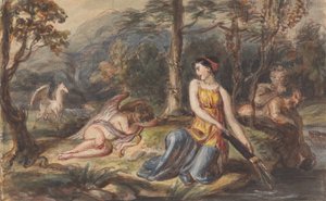 Diana, Goddess of the Hunt, with Satyrs, Sleeping Cupid and a Pegasus in a Wooded Landscape