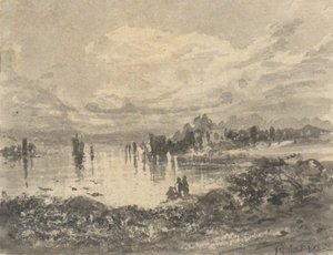 View of Lake and Mountains with Figures