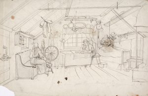 Interior with Three People: One Drinking Coffee in Bed, One Eating Porridge at the Table, and One by the Spinning Wheel by Robert Wilhelm Ekman