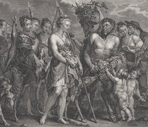 Diana Returning from the Chase, Accompanied by Dogs and Her Nymphs at Left, Two Satyrs by Robert de Launay