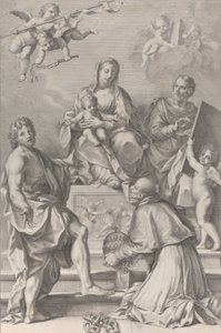 Madonna and Child at center with Saint John the Baptist, Saint Luke, Pope Peter Celestini, 1694 by Robert van Audenaerde
