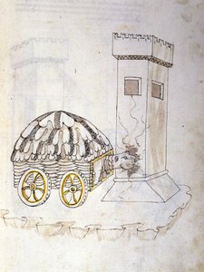 Art of War: Study on Military Machines. A Machine Equipped with a Shell Assaulting a Tower, Illustration from 