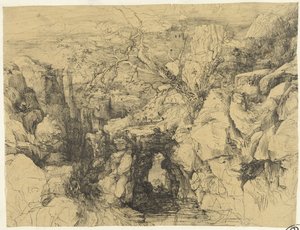 Landscape with Rocks and Stone Bridge over Mountain Stream