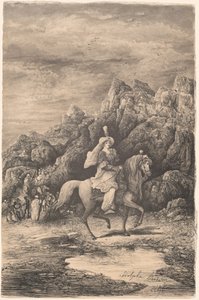 Oriental Horsewoman in a Desolate Mountain Landscape