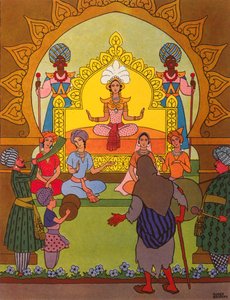 Pari Banou seated on a golden throne, illustration for 