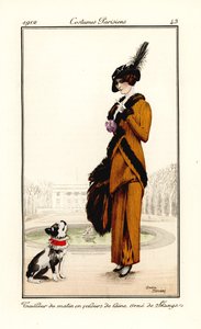 Woman in Morning Outfit of Wool Velvet Trimmed with Skunk Fur with Pet Dog, Handcoloured Pochoir (Stencil) Etching after an Illustration by Roger Broders from Tommaso Antongini