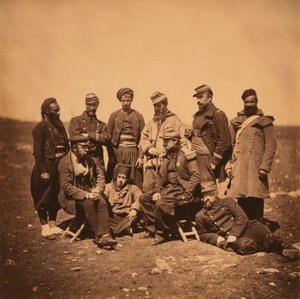 French General Cisse and group of Officers and Soldiers, Portrait in Various Styles of Uniforms; a Zouave Stands at Left, Crimean War, Crimea, Ukraine by Roger Fenton