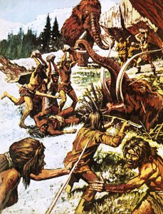 Pre-historic men attacking mammoths by Roger Payne
