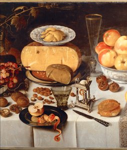 Still-life. Apples, cheese, fruit, tableware