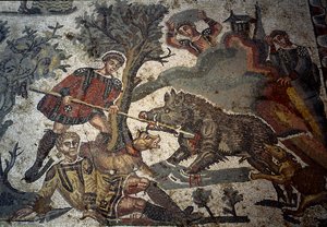 A hunter wounds attack by a boar, one of his companions repels the animal with his spear (detail) by Roman