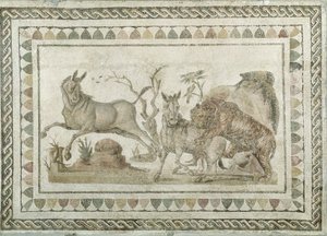 A Tiger Attacking Two Onagers, from the House of the Dionysian Procession, El-Jem by Roman