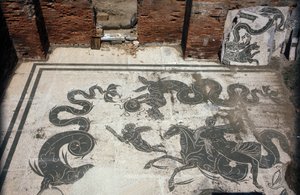 Ancient Ostia. Place des Corporations. Mosaic of the Sabratha Seafarers Corporation. Baths of Neptune by Roman