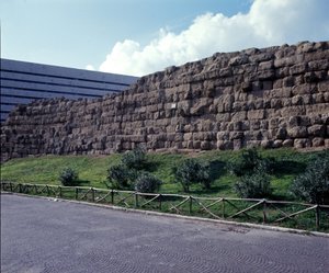 Ancient Rome, archaic period: view of the ruins of the Servian Wall, first enclosure of the city of Rome, built under King Servius Tullius. 6th century BC Italy by Roman