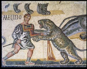 Battle of gladiators against the wildcats, detail depicting a gladiator running through a wildcat