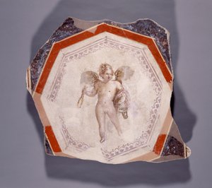 Fresco of Cupid holding two sticks and a pail