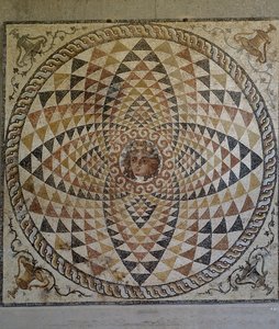 Geometric mosaic with Dionysus in centre uncovered in Roman villa in Corinth, Greece, Roman Civilization, second half 2nd-early 3rd century AD
