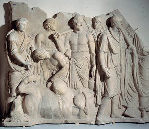 Marble relief from Forum Trajan: scene of haruspice consulting the bowels of a bull with priest and lictors