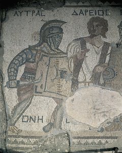 Painting of Two Gladiators on a Mosaic Wall, Kourion, Limassol, Cyprus by Roman