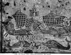 Pavement detail from the Piazzale dell Corporazioni depicting a nautical scene