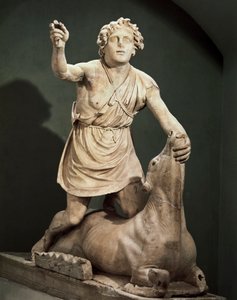 Pentelic marble Mithra slaying bull, signed by Kriton of Athens, from Mithraeum of Baths of Mithra, Ostia Antica