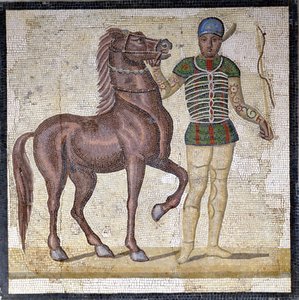 Representation of the four factions of the Roman circus: the Greens (factio prasina). The factions were clubs engaged in circus competitions in the Upper Empire and characterized by a color. Mosaic, Rome Museo nazionale Romano by Roman