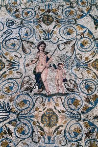 Roman Art: Mosaic of the 4th century AD from the Roman villa of the amphitheatre. Merida, Museo Nacional de Arte Romano, Spain