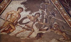 Mosaic of the seasons from the courtyard of the Constantine villa of Daphne representing two hunters (detail) by Roman