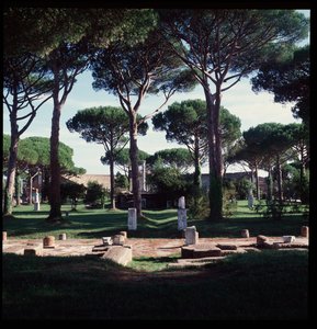 Roman Art: view of the ruins of the macellum (Marche Square) archeological site of Ostia