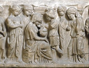 Roman antiquity: The sadness of Phedrus in love and repelled by Hippolyte. Low relief of sarcophagus called Phedrus and Hyppolite. 3rd AD by Roman