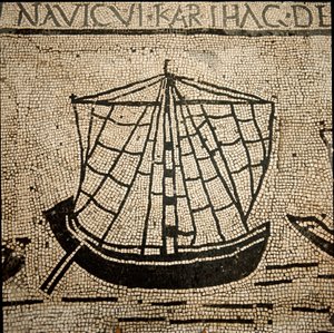 Roman art: cargo ship. Mosaic of the 3rd century AD. Ostia, Piazzale delle Corporazioni. Italy