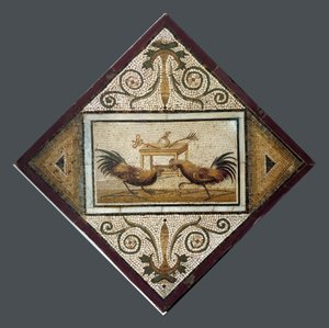 Roman art: cockfighting. Mosaic from Pompei by Roman