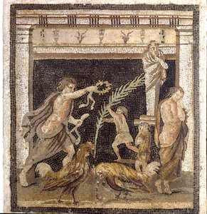 Roman art: cockfighting in a palestra in the presence of the personifications of Defeat and Victory. Mosaic from Villa du Labyrinth in Pompei by Roman
