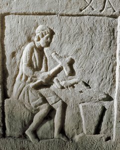 Roman Art: Detail of a Stele Depicting a Blacksmith Striking Metal on an Anvil by Roman