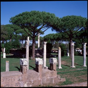 Roman art: view of the ruins of the Temple of Ceres, archeological site of Ostia