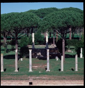 Roman art: view of the ruins of the Temple of Ceres, archeological site of Ostia