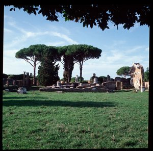 Roman art: view of the ruins of the Temple of Rome and Augustus, archeological site of Ostia