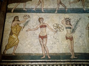 Roman art: young Romans engaged in physical exercises. Detail of mosaic by Roman