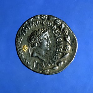 Silver and gold coin with the effigy of Anthony or Marc Antony, a Roman politician who reigned with Cleopatra.