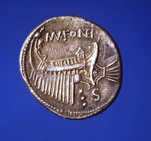 Silver coin representing a galley, 91 A.D. by Roman