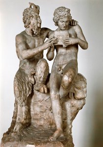 Statuette of the god Pan teaching the flute to his eromene, the shepherd Daphnis. 1st century BC. Roman marble sculpture after a Greek original. National Archaeological Museum of Naples by Roman