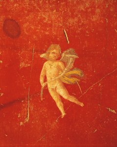 Cherub in Red Pompeian Background, Fresco in Fourth Pompeian Style, from House of Pinario Ceriale, Pompeii, Campania, Roman Civilization