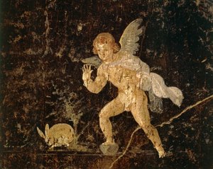 Fresco depicting Cupid hunting a hare from Pompeii, Naples province, Italy by Roman Roman