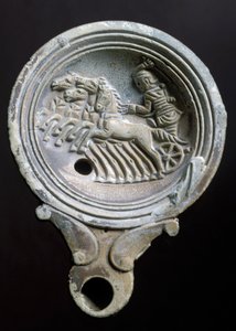 Oil Lamp Depicting a Racing Carriage with Four Horses