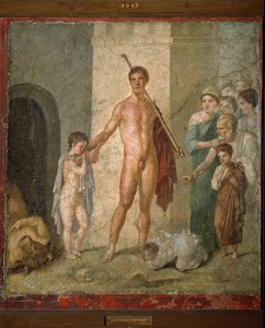 Representation of Theseus liberating the seven young men from the maze after triumph over the Minotaur. Fresco from the Villa de Gavius Rufus in Pompei. Archaeological Museum of Naples