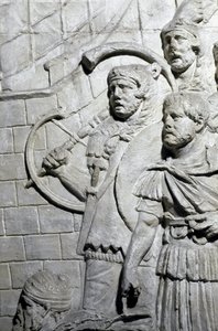 Roman Art: Roman warriors during the first war in Dacia. Mould of 1862 reproducing the bas-reliefs of the column of Trajan (Colonna Traiana) in Rome built during the reign of Emperor Trajan (53-117) by Roman Roman
