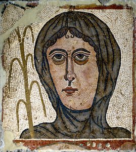 Roman Art: Allegory of Winter as a Woman Wearing a Veil. Mosaic of the 5th Century. From Quintana del Marco (Leon) Spain. Madrid, National Archaeological Museum