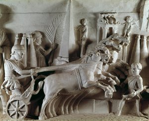 Sculpted relief representing a quadriga, chariot pulled by four horses